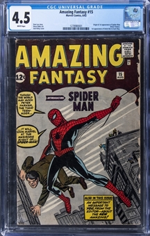 1962 Marvel Comics "Amazing Fantasy" #15 - (First Appearance of Spiderman) - CGC 4.5 White Pages